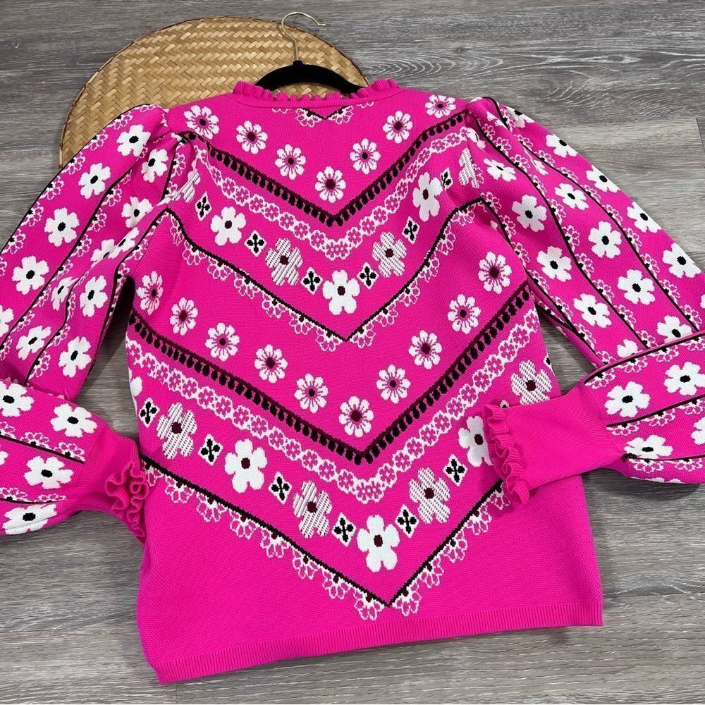 Savida pink retro floral printed sweater puff sleeve - Picture 2 of 7